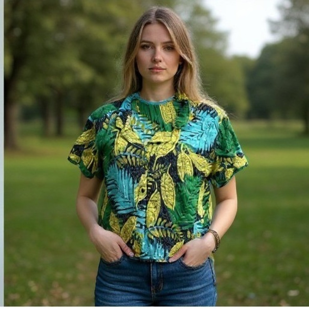 Jane+Delancey short-sleeved blouse with tropical leaf print, size XL